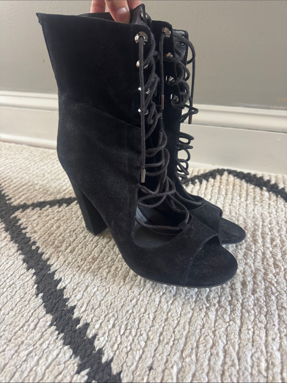 Kendall & Kylie Black Suede Lace-Up Peep-Toe Heeled Booties 9.5